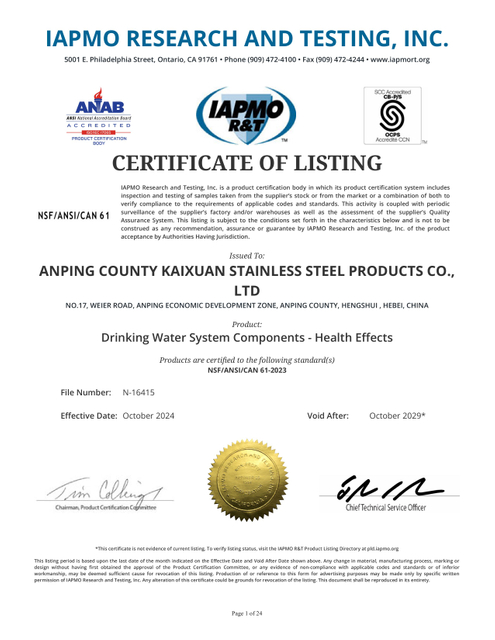 International Standard NSF-61 Certificate