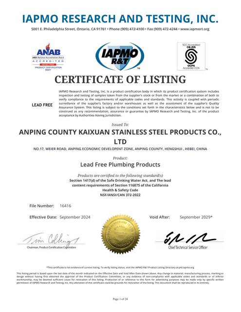 International Standard NSF372 Certificate