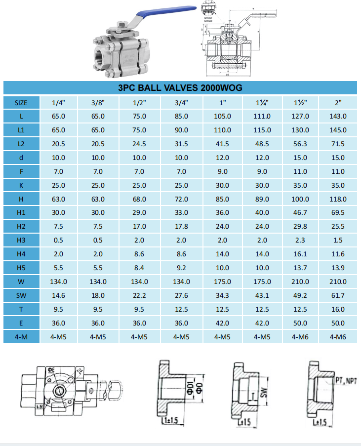 3PC ball valves 2000WOG 1