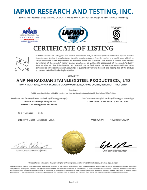 International Standard F1960 CUPC Certificate